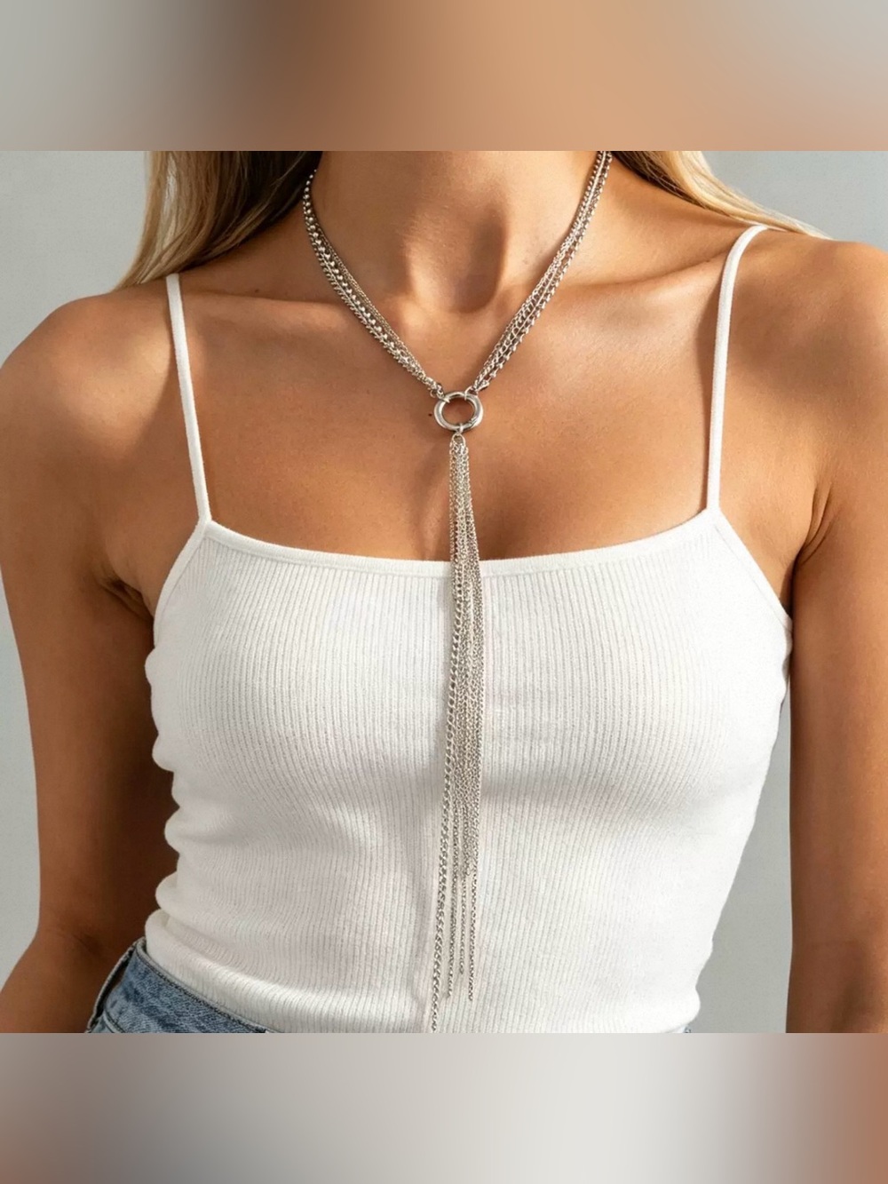 Silver Layered Lariat Necklace Long Chain Tassel Fringe Y Necklace N014